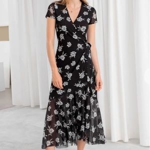 NWT & Other Stories Black & White Floral Semi-Sheer Wrap Midi Dress